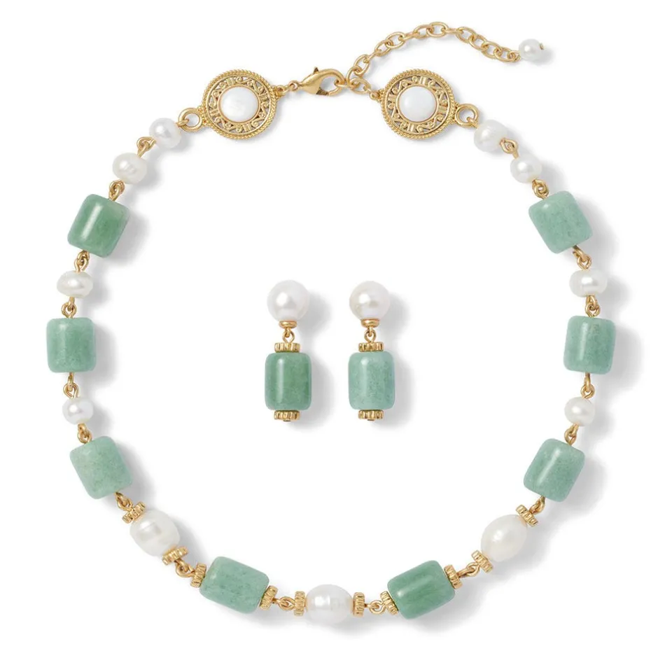 The Met Store Jewelry Sets*Karavas Gems Large-Bead Aventurine and Pearl Necklace and Drop Earrings Set